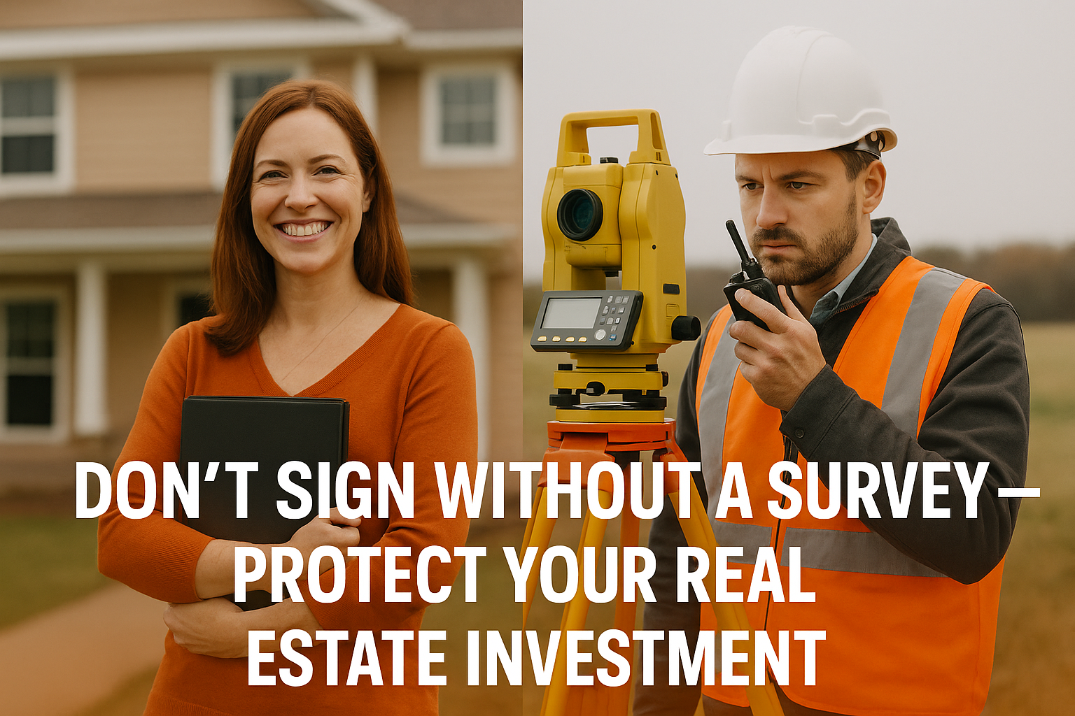Left: A buyer happily looking at a property Right: A land surveyor using Total Station marking boundaries.
